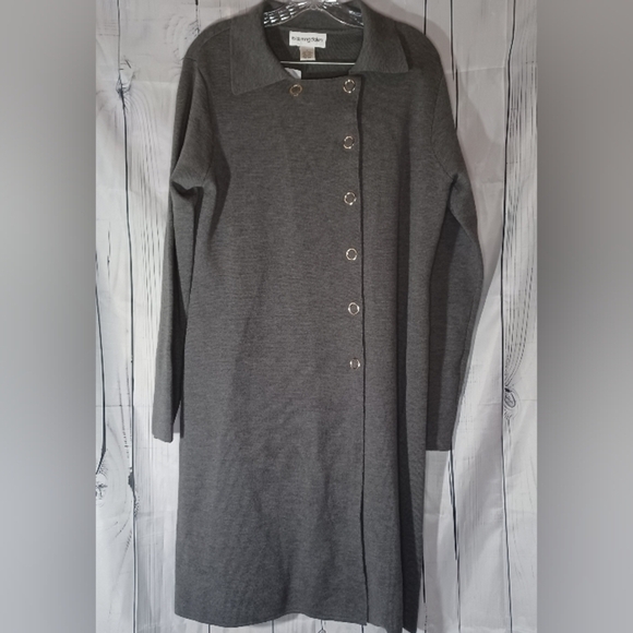 Bloomingdale's Vintage Gray Women's Long Snap Front Sweater 100% Wool NWT - Picture 1 of 15